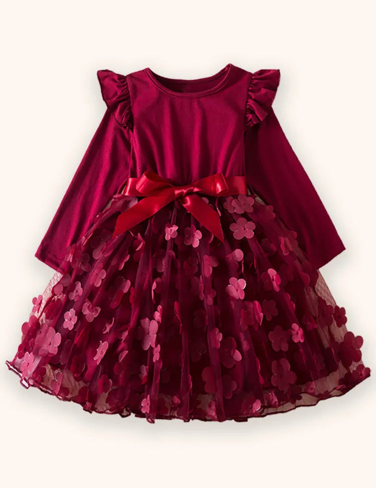3D Flower Long Sleeve Tulle Dress
