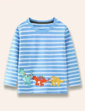 T-shirt a righe a maniche lunghe con applicazione di dinosauri cartoni animati