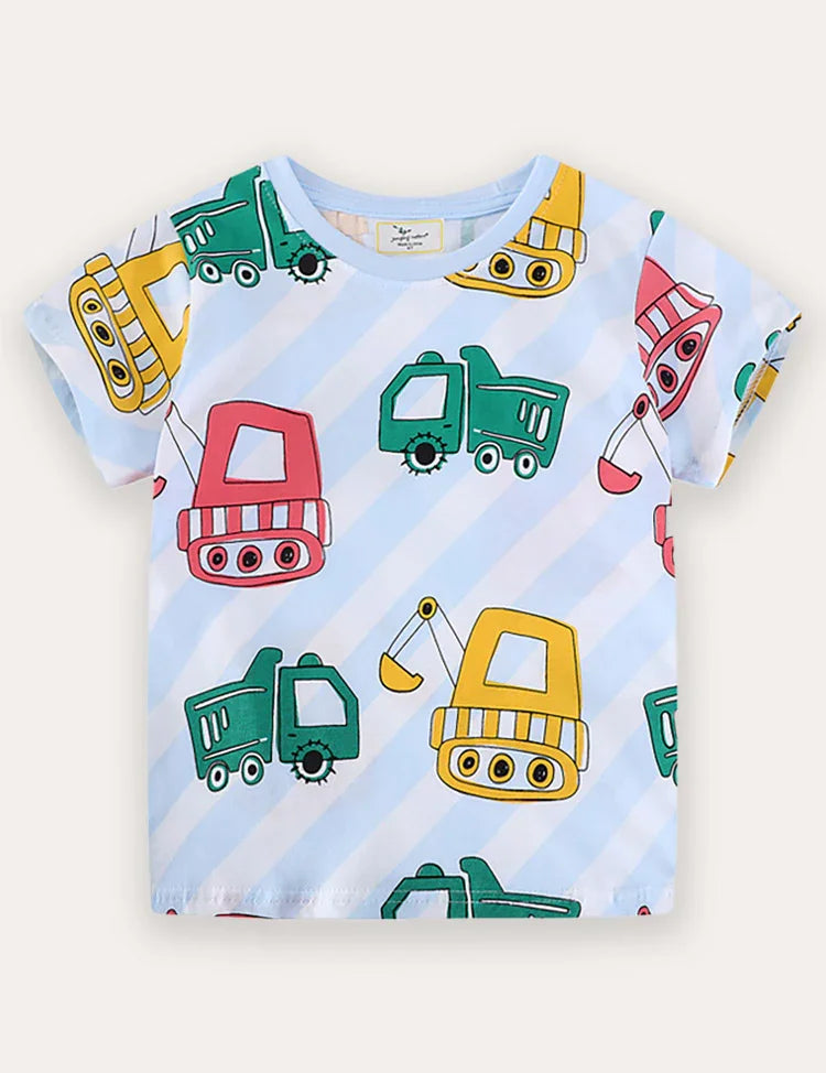 تي شيرت بطبعة سيارة البناء بأكمام قصيرة