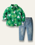 St. Patrick's Day Clover Printed Long Sleeve Shirt+Jeans - Mini Taylor