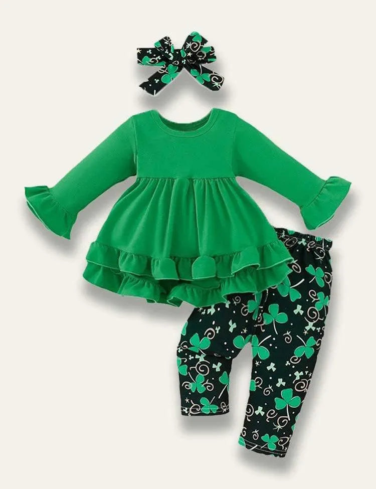 St.Patrick's Day Flared Long Sleeve Dress+Clover Pants - Mini Taylor