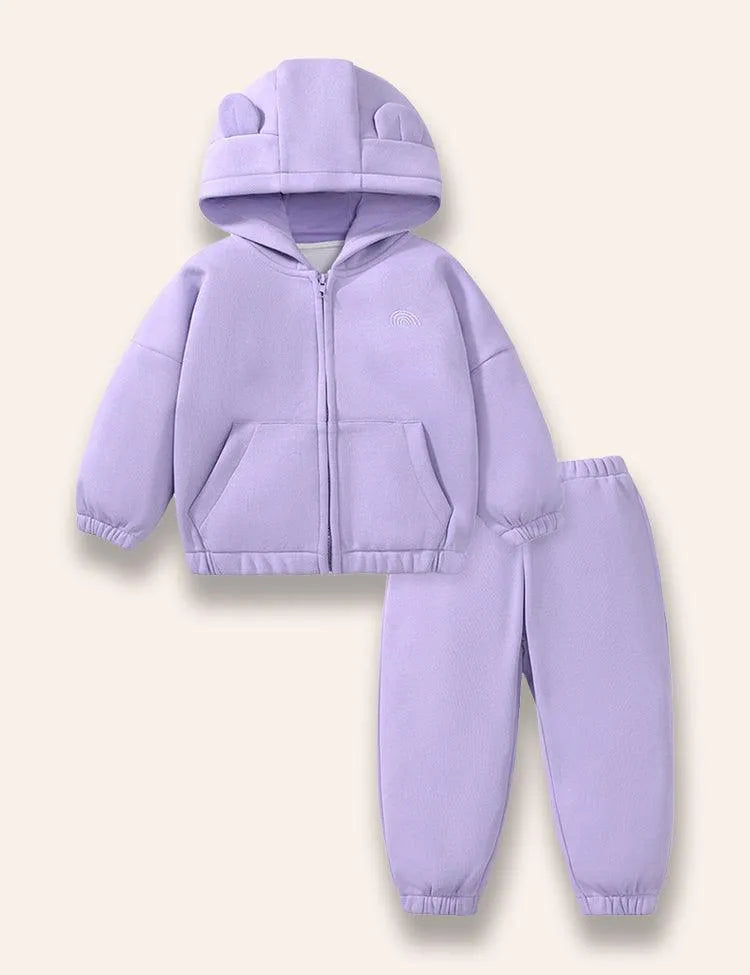 Solid Color Hooded Fleece Coat+Sweatpants - Mini berni