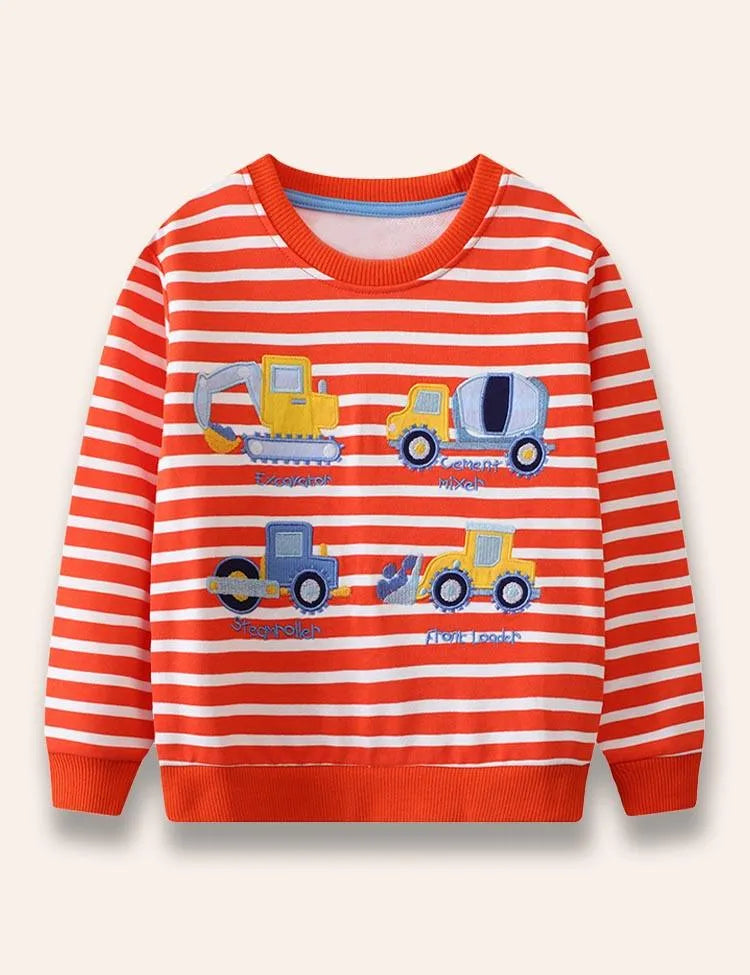 Engineering Vehicle Appliqué Striped Sweatshirt - Mini Taylor