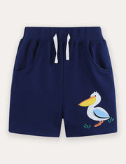 Cartoon Pelican Embroidered Cotton Shorts