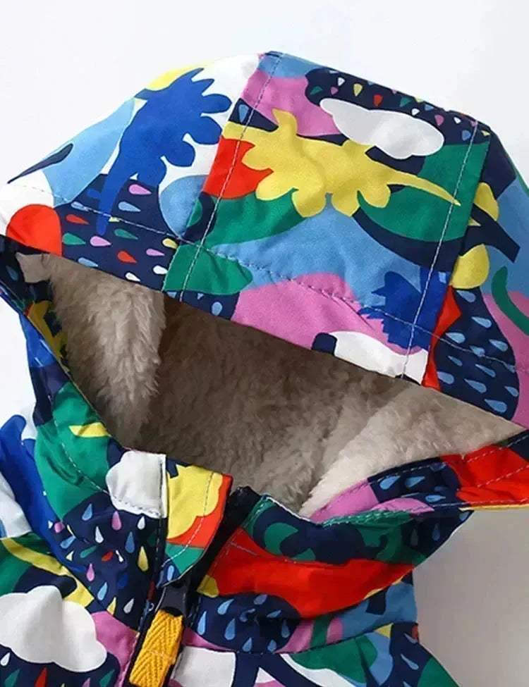 Multi Colorful Dinosaur Printed Fleece Coat