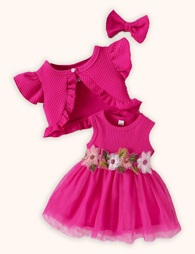 فستان من التول المطرز بالزهور + طقم معطف محبوك