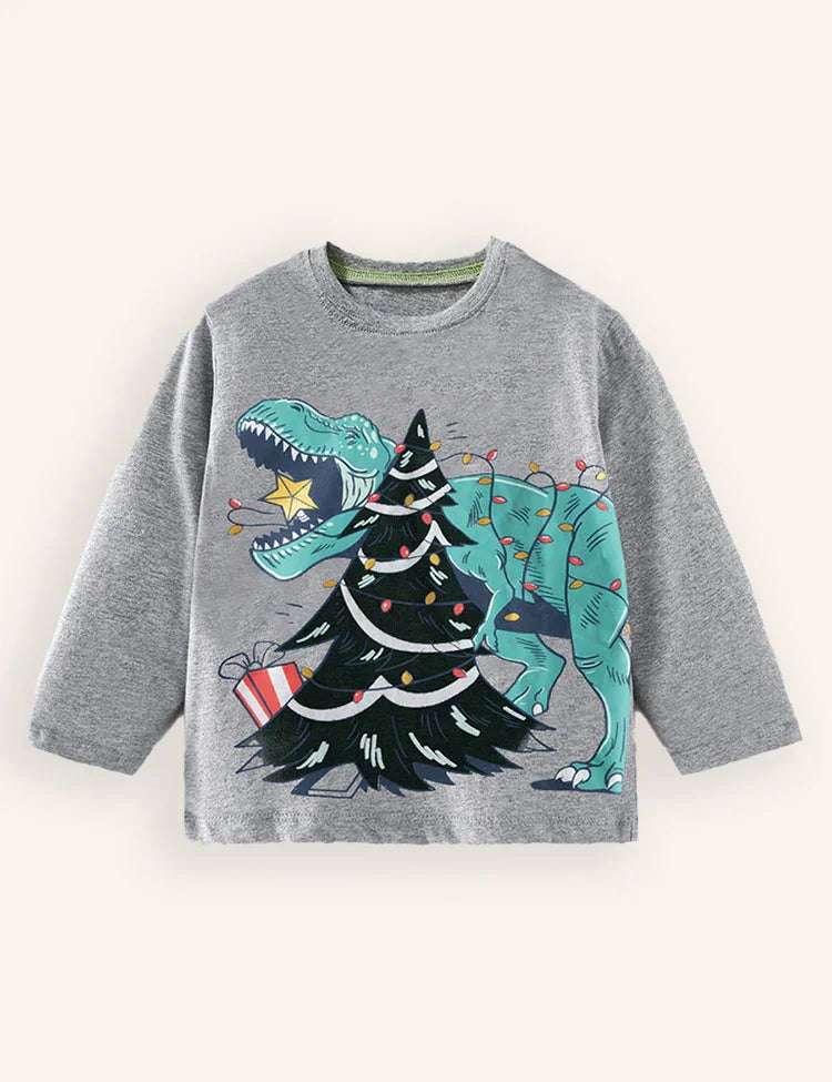 Christmas Tree Dinosaur Print Long Sleeve T-Shirt