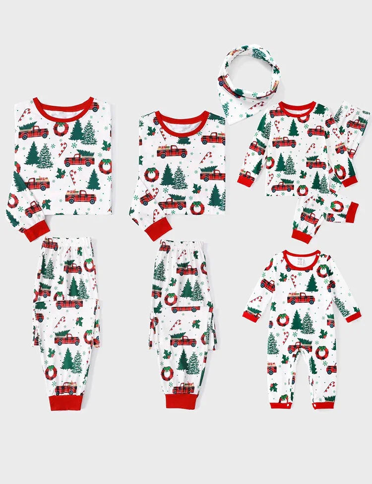 Christmas Family Matching Allover Xmas Tree & Car Print Long-sleeve Pajamas Sets