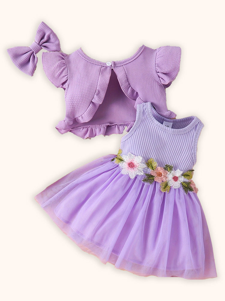 فستان من التول المطرز بالزهور + طقم معطف محبوك