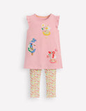 Cute Fairy Applique Cotton Dress & Floral Print Leggings